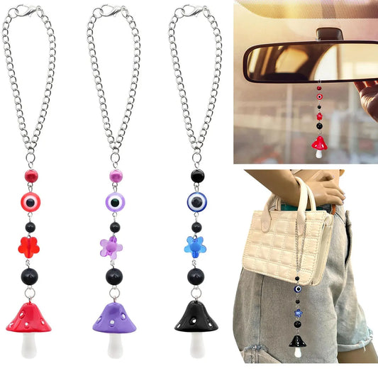 1Pcs Mushroom Car Hanging Ornament with Evil Eye Charms Black Red Mushroom Evil Eye Car Mirror Hanging Accessories