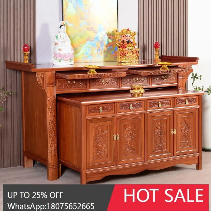 SGF Altar Table with Elevated Indoor Altar Cabinet for Home Use, Complete Set with Two-Tier Offering Table