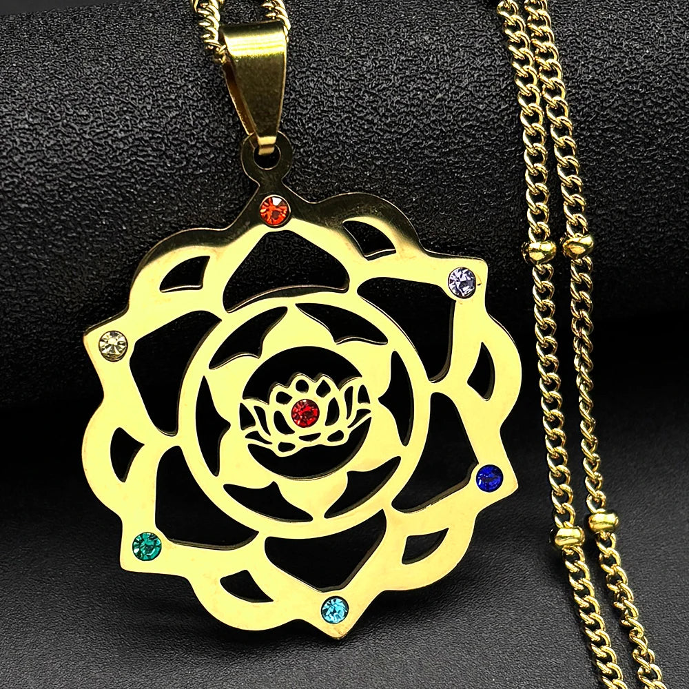 7 Chakra Sacred Geometry Metatron Necklace for Women Flower of Life Stainless Steel Stone Necklaces Reiki Healing Jewelry 9758