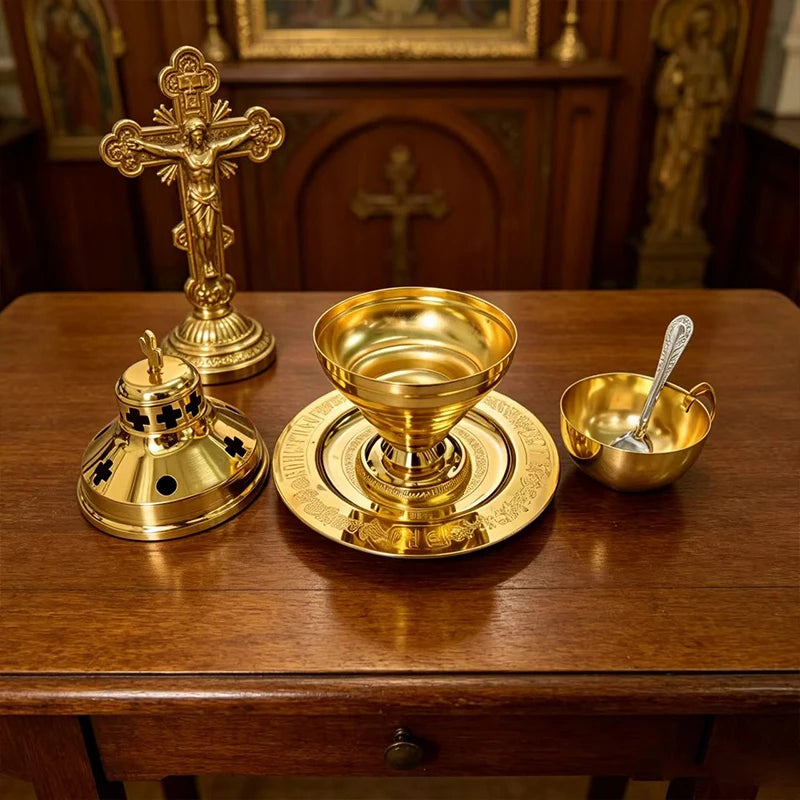 Luxury Gold Plated Orthodox Incense Burner Censer Set with Tray Spoon for Church Liturgy Home Altar Prayer Devotion Christian
