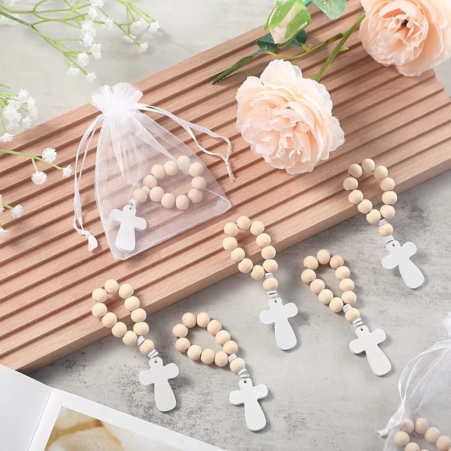 6/12/18PCS Wooden Rosary Wood Bulk Catholic with Crucifix Wooden Cross Pendant with White Mesh Bags for Baptism First Communion
