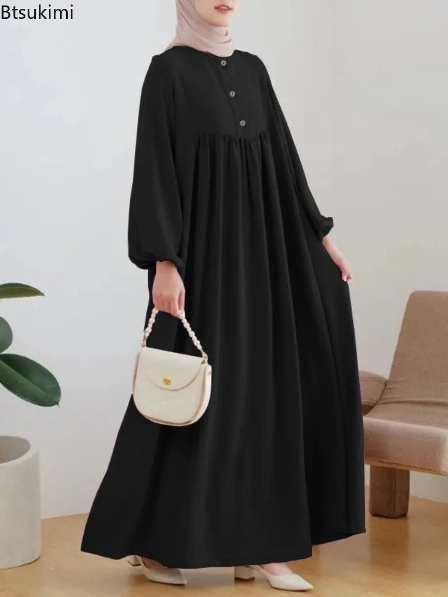 Casual Puffed Sleeve Maxi Dresses for Women Simple Loose Solid Muslim Dresses Fashion Kaftan Turkey Dubai Robe Elegant Vestidos