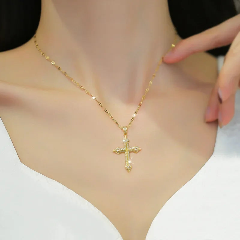 Exquisite Gold Color Stainless Steel Inlaid Crystal Cross Pendant Necklace for Women Men Luxury Full of Zircon Chokers Jewelry