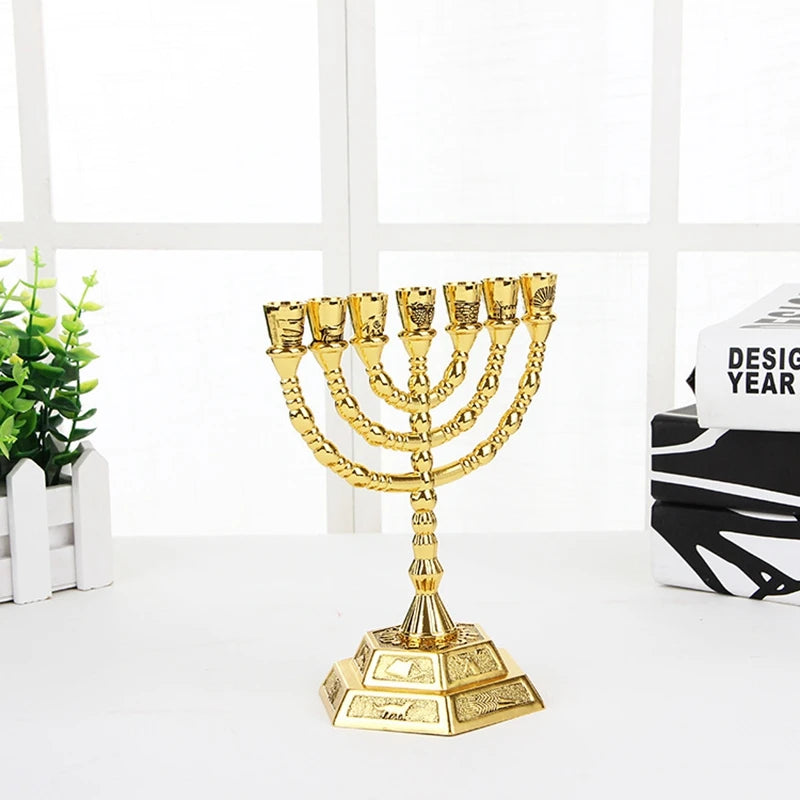 ABUN-Golden Jewish Menorah Candle-Holders Religions Candelabra Hanukkah Candlesticks 7 Branch Menorah