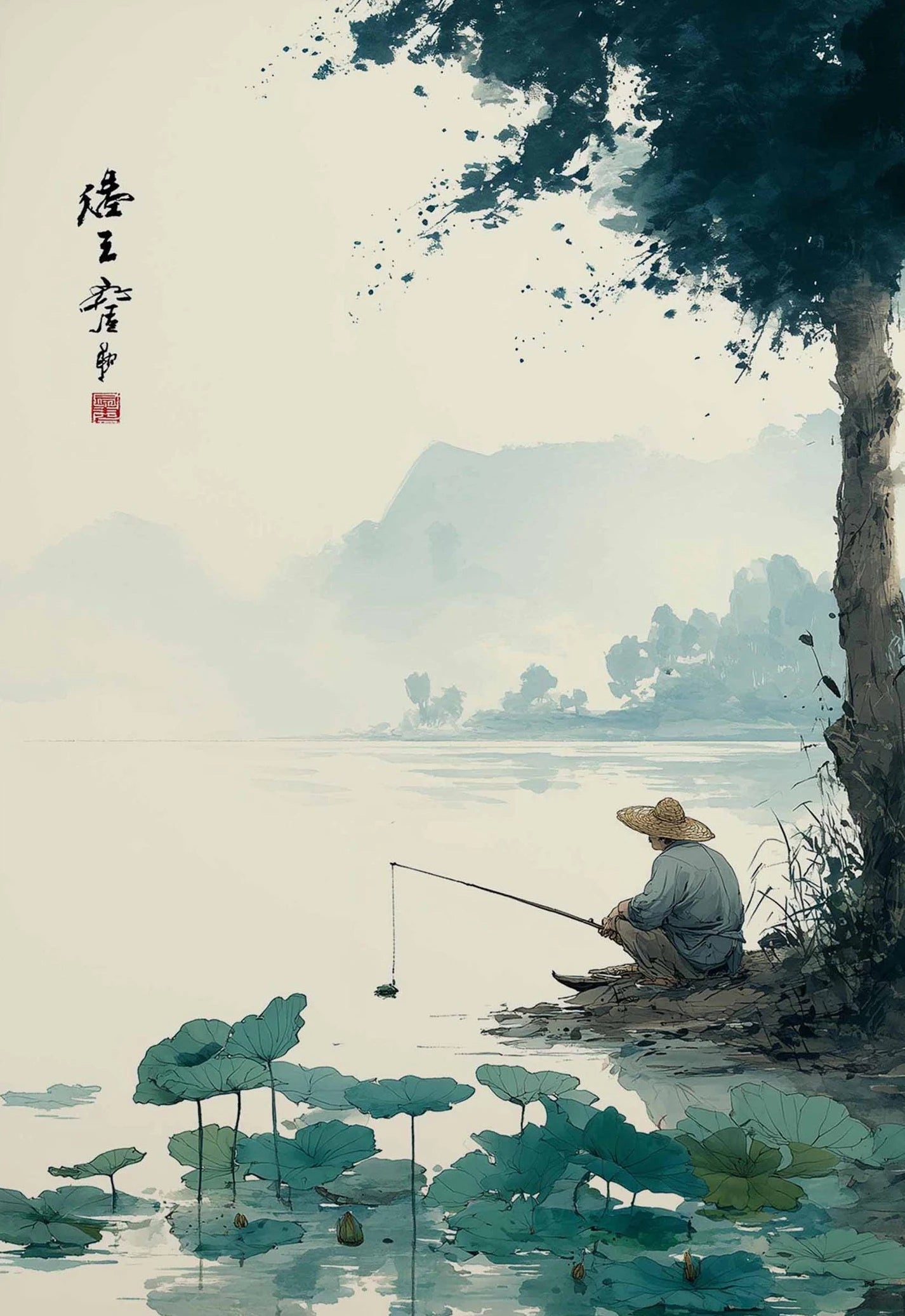 Modern Minimalist Chinese Style Zen Fishing Natural Scenery Poster Canvas Paintings Wall Art Pictures Office Home Decor