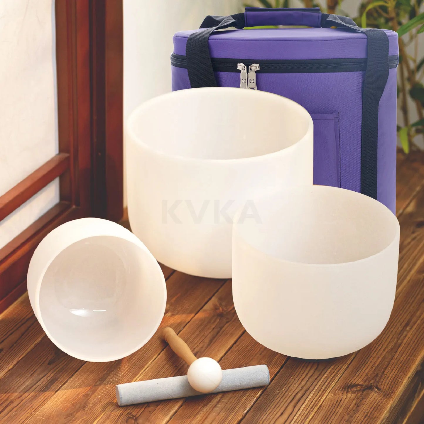 KVKA 10"E 8"G 6"B 432hz 440hz Frosted Quartz Crystal Singing Bowl Chakra Set of 3 pcs for Yoga Sound Healing Musical Meditation
