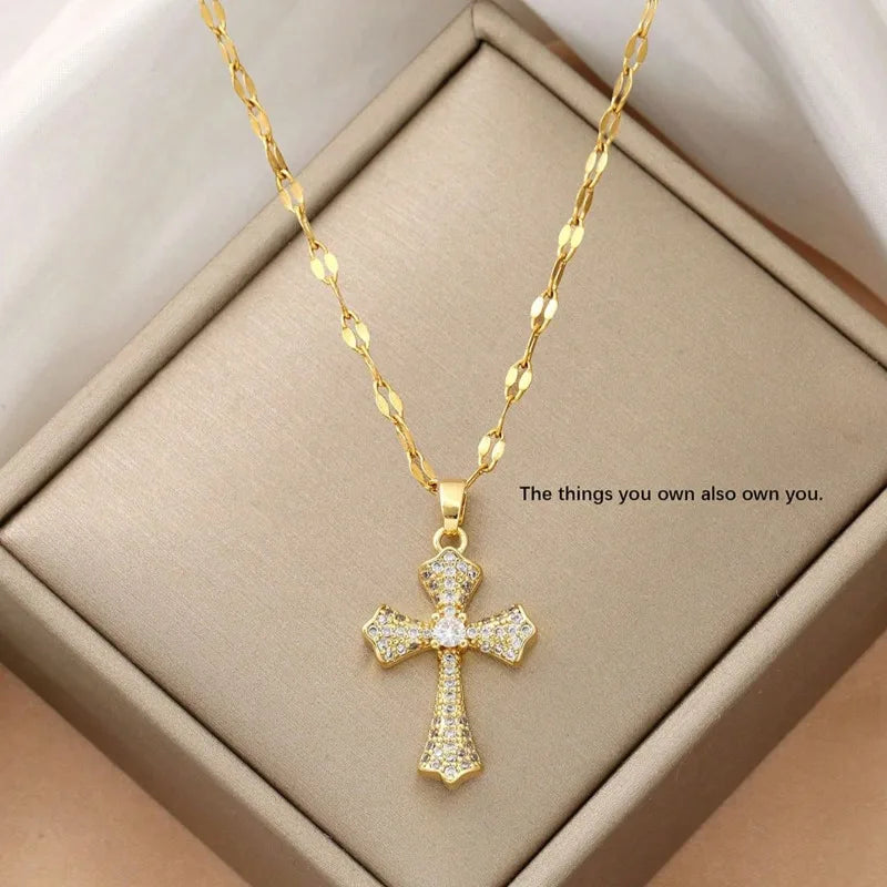 1pc Luxury Copper Zirconia Cross Pendant Necklace For Women Zircon Inlaid Jewelry Gold Color Long Clavicle Chain Necklaces