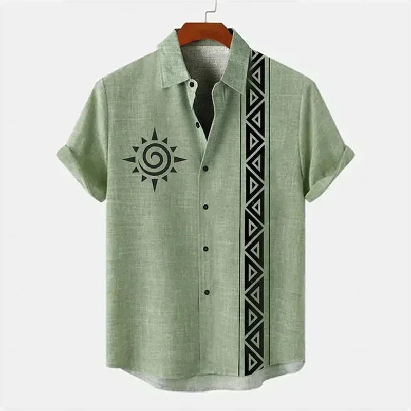Men's shirt ethnic style 3D printing henley shirt, men's fashion button down collar short sleeve, high quality men's tops