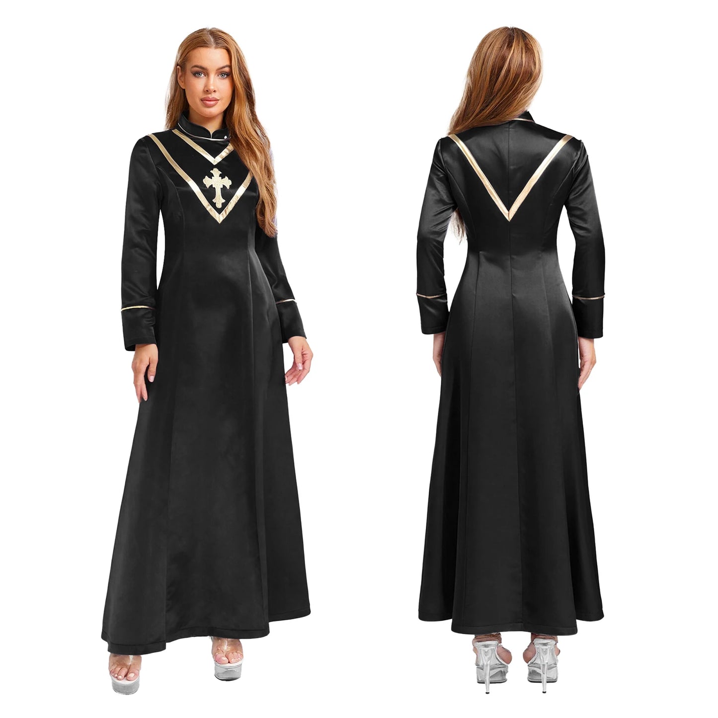 Women Pastor Robe Cassocks Long Sleeve Cross Print Priest Vestment Church Choir Gown Halloween Catholic Clergy Cosplay Costume