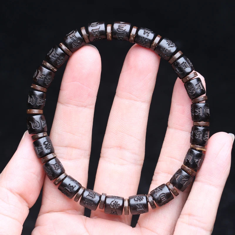 Authentic Natural Ebony Tibetan Six-Character Mantra Tibetan Prayer Wheel Bracelet 15mm Unisex Bracelet