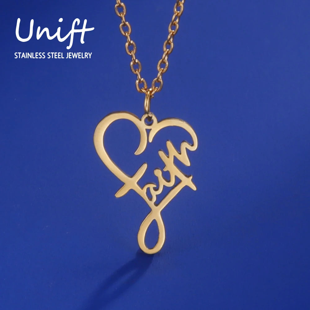 Unift Christian Faith Heart Necklace for Women Stainless Steel Vintage Religious God Bless Prayer Wedding Jewelry Gift Wholesale