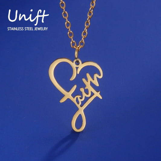 Unift Christian Faith Heart Necklace for Women Stainless Steel Vintage Religious God Bless Prayer Wedding Jewelry Gift Wholesale