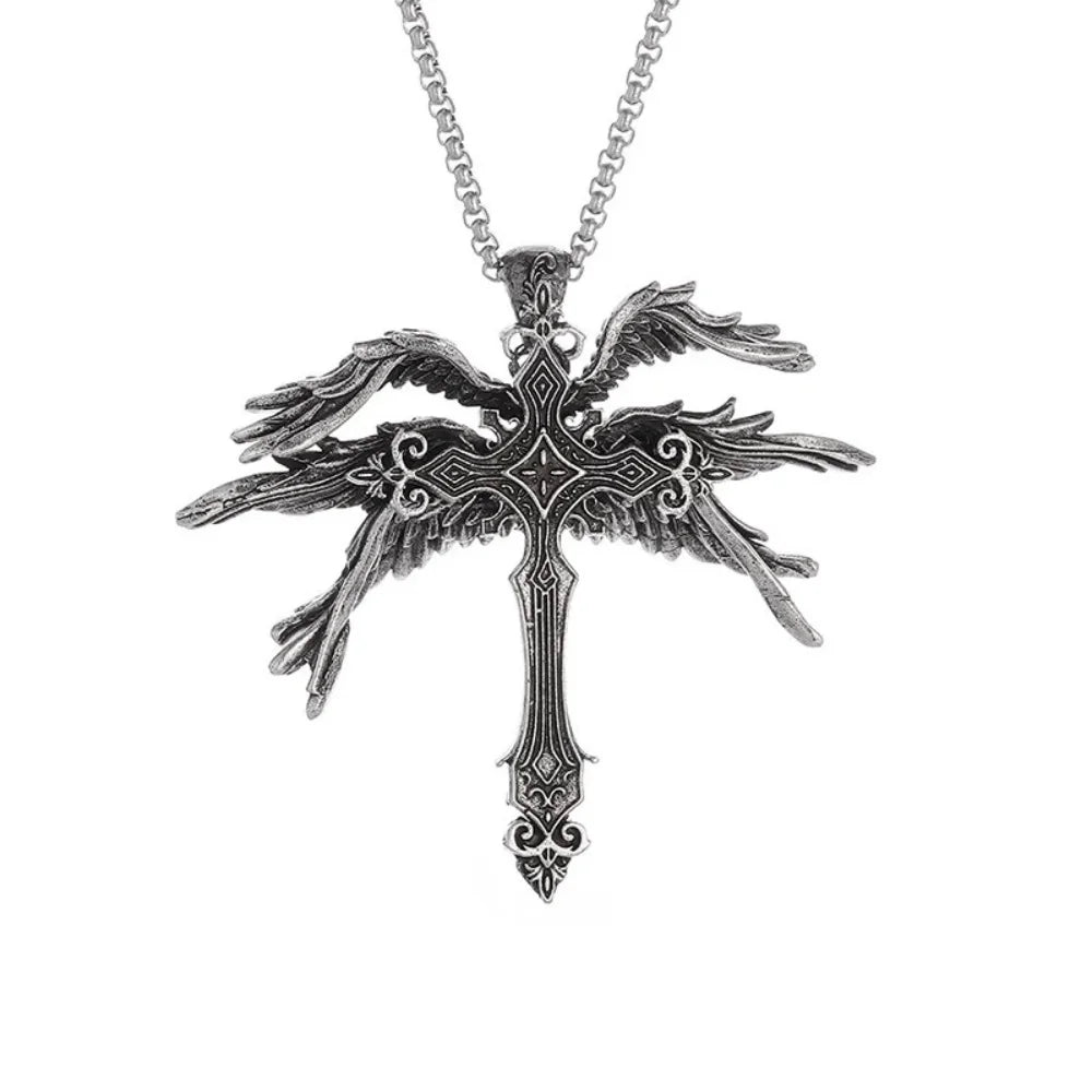 New Retro Six Winged Angel Cross Pendant Necklace keychain European American Unique Exaggerated Fashion Accessory Wholesale