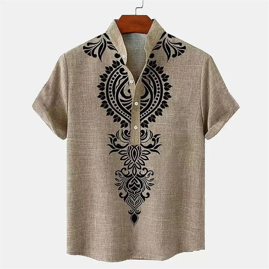 Men's shirt ethnic style 3D printing henley shirt, men's fashion button down collar short sleeve, high quality men's tops