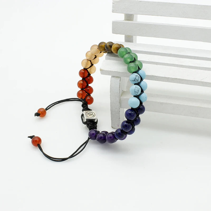 Double Layer Natural Healing Stone Bracelet White 7 Chakra Indian Yoga Beads Bracelet Adjustable Braided Rope Jewelry Gifts