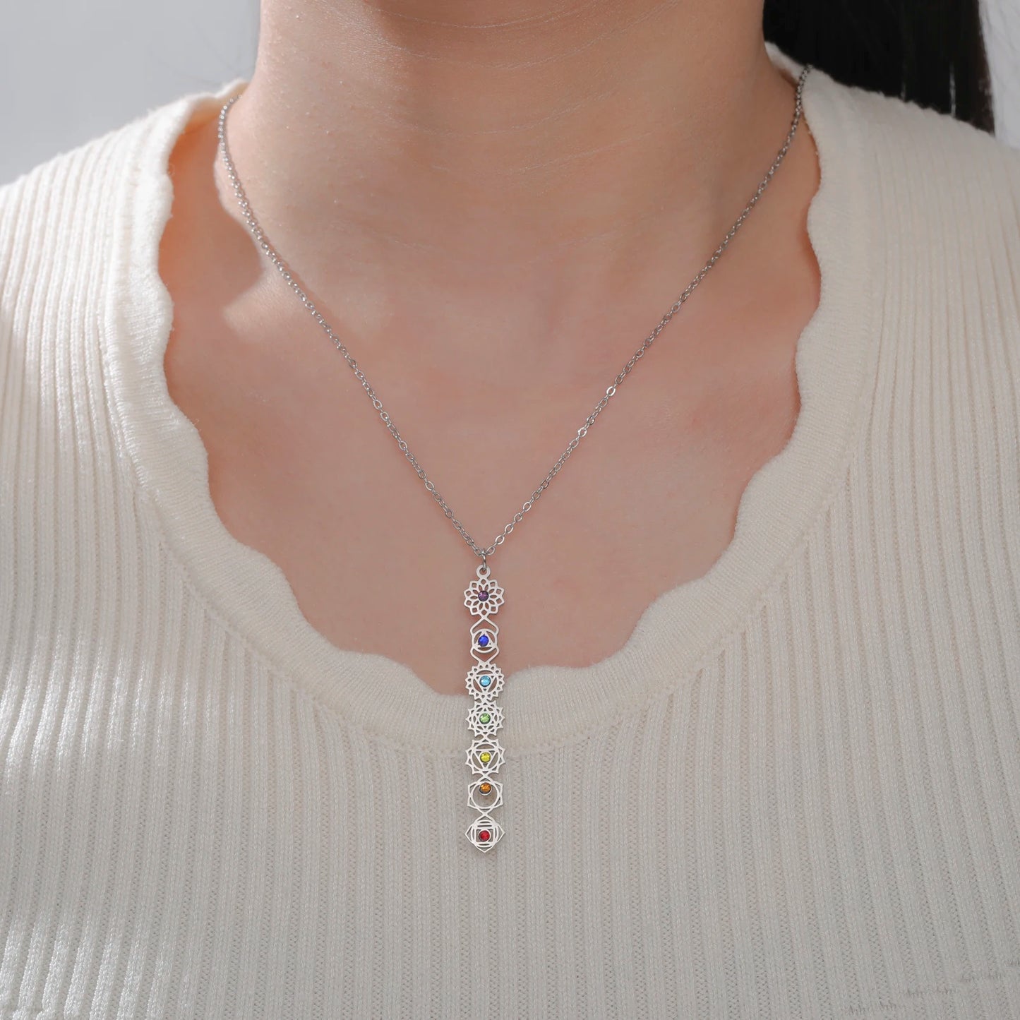 HIPEE 7 Chakra Yoga Necklace with Colorful Stone Stainless Steel Pendant for Meditation Boho Spiritual Gift