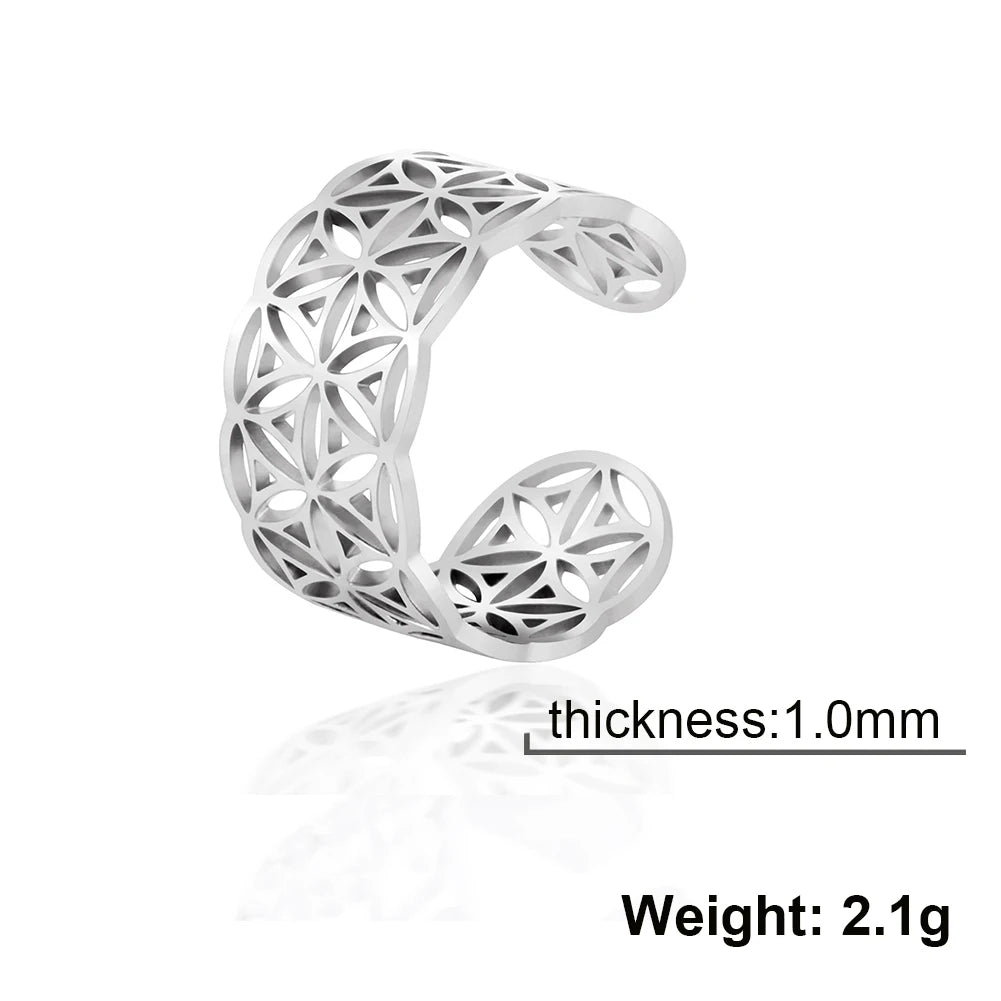Unift Sacred Geometry Flower of Life Ring Adjustable Stainless Steel Ring Men Women Accessories Vintage Filigree Jewelry Gifts
