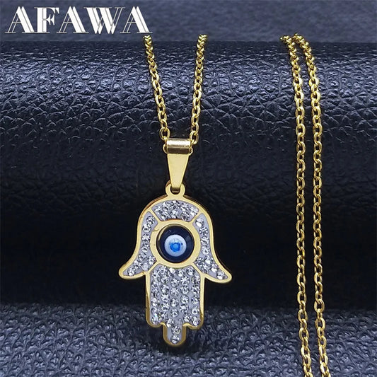 Greek Eye Fatima Hand Necklace for Women Men Stainless Steel Turkish Evil Blue Eye Protection Chain Islamic Jewelry N8041S01