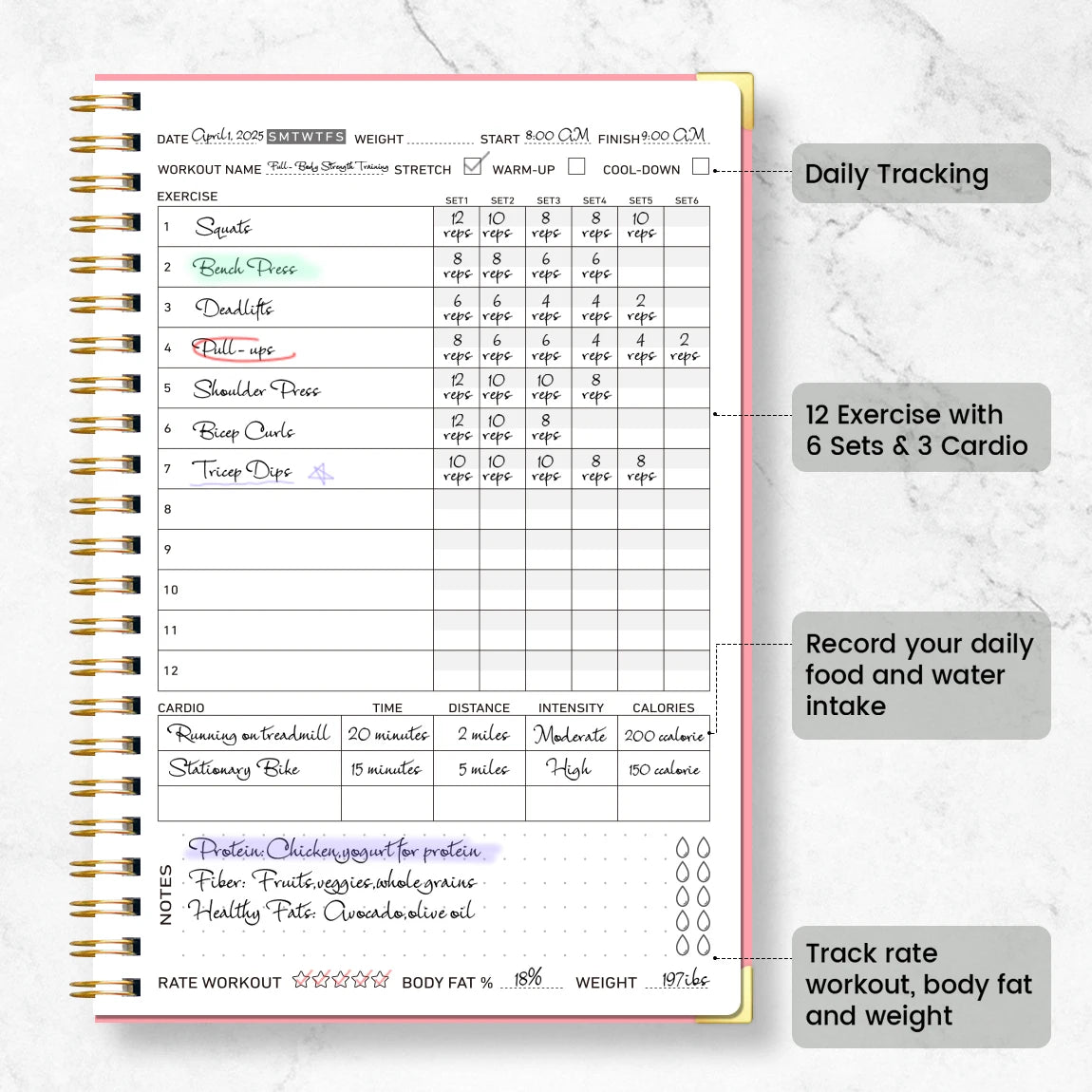 A5 Workout Journal,Fitness Planner Notebook with Cardio Tracker,Body Measurement Log,Goal Setting Organizer for Gym,Home Fitness