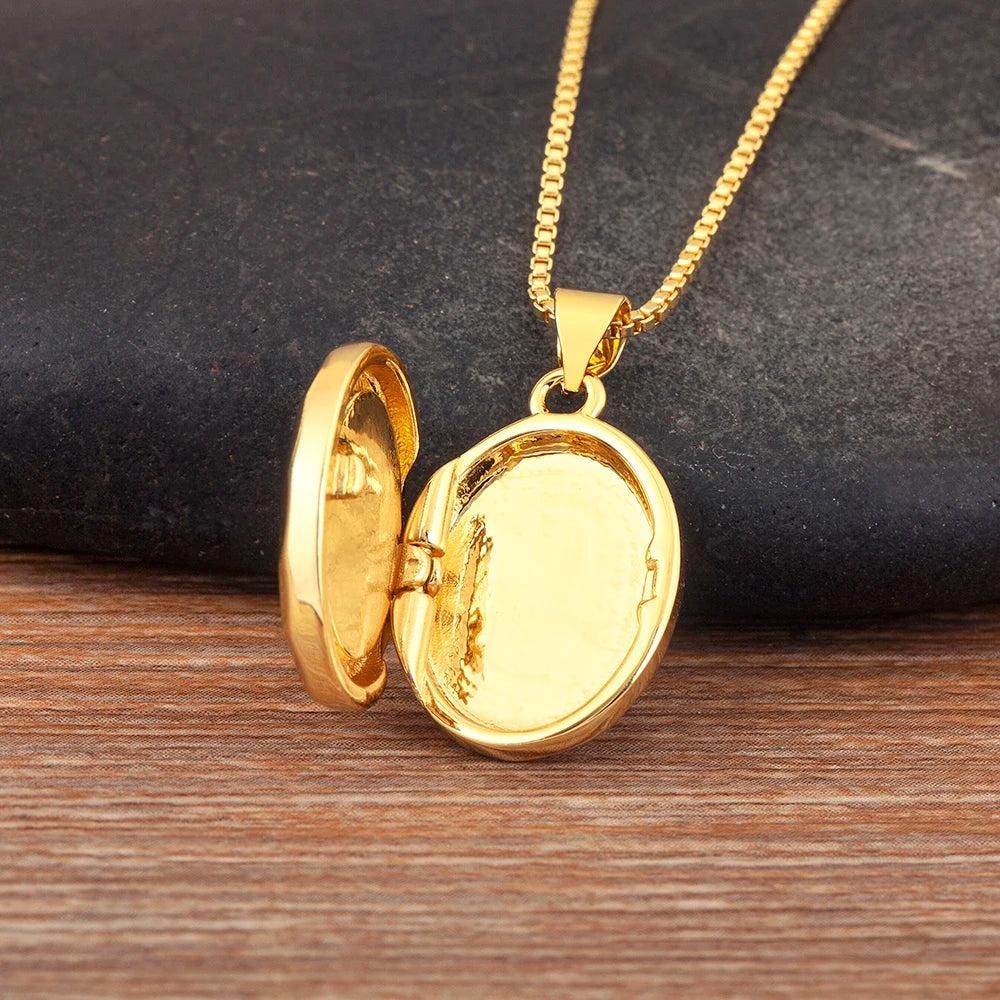Nidin New Retro Oval/Round Shape Religious Style Zircon Flip Pendant Necklace For Female Male Lovers Photos Jewelry Accessories
