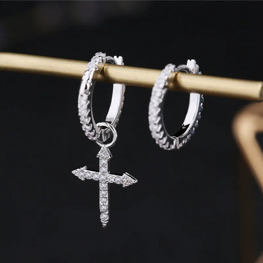 925 Sterling Silver Cross Pendant Asymmetric Hoop Earrings For Women Men Simple Personality New Trend Jewelry Wholesale