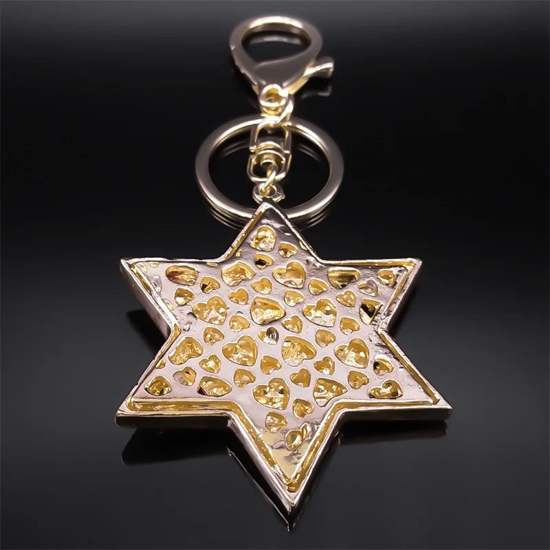 Hexagram Star of David Blessing  Keychain for Women Men Pink Rhinestone Gold Color Jewish Key Chains Jewelry chaveiro K9646S01