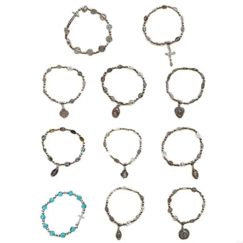 12PD Crystal Beads Stretch Rosary Bracelets with Crucifix Pendants Prayer Bracelets for Men Women Unisex Jewelry