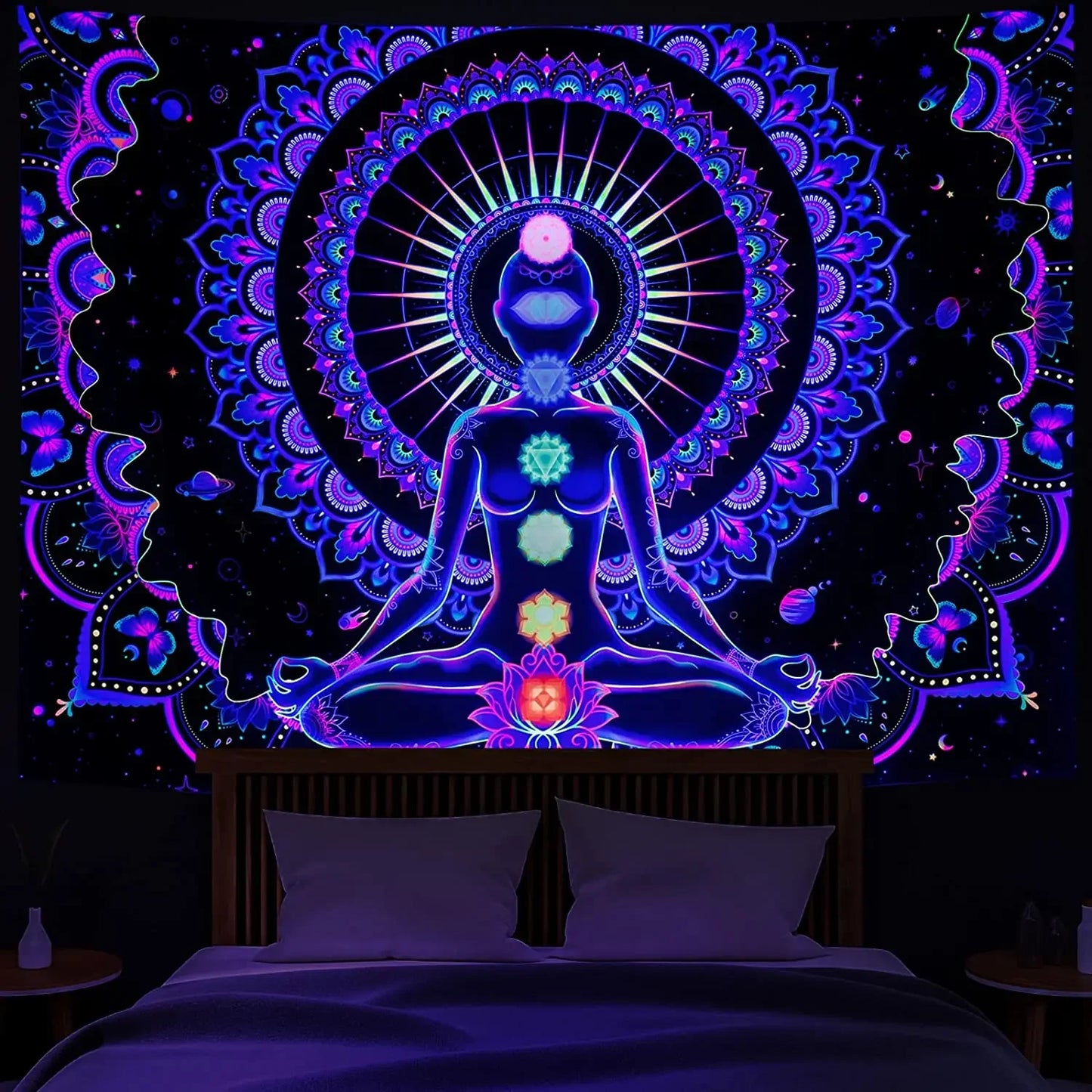 VIKAMA Neon Illusion Hamsa Hand Tapestry Cosmic Nebula All Seeing Eye Meditation Room Bohemian Bedroom Home Decor Tapestry