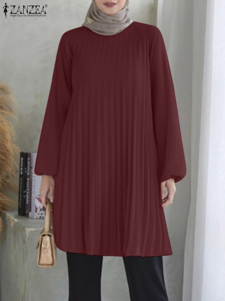 ZANZEA O Neck Islamic Hijab Abaya Blusas Solid Raglan Sleeves Casual 2024 Fall Long Tops Women Pleated Muslim Fashion Blouses