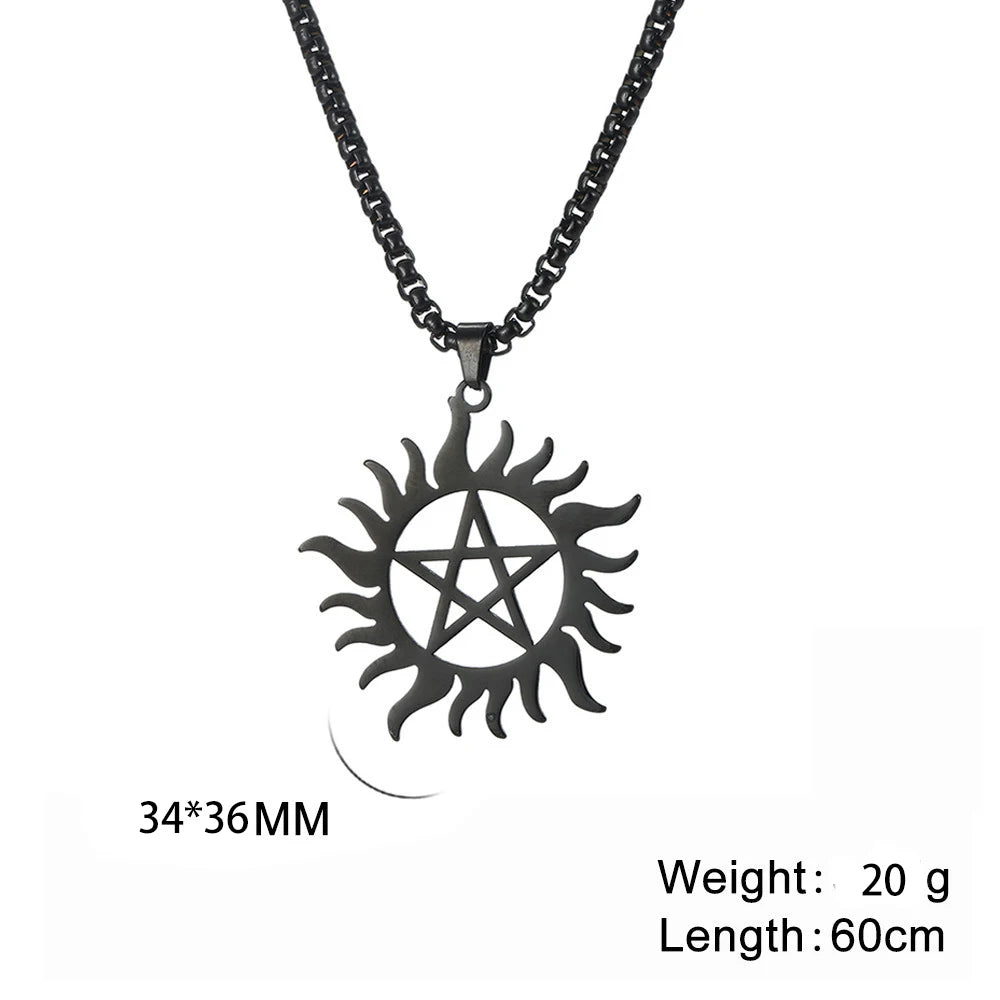 Skyrim Stainless Steel Shining Sun Pentagram Pendant Necklace Supernatural Dean Statement Box Chain Necklaces Couple Women Men