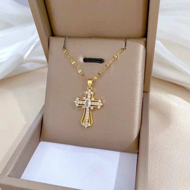 Exquisite Gold Color Stainless Steel Inlaid Crystal Cross Pendant Necklace for Women Men Luxury Full of Zircon Chokers Jewelry