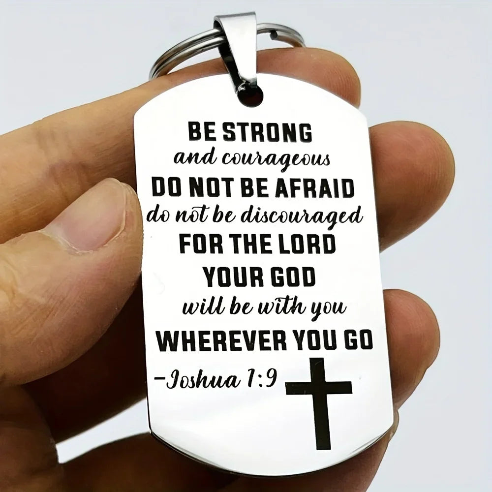 1pc Cross Christian Gifts Inspirational Bible Verse Keychain, Be Strong And Courageous Pendant,  Religious Jewelry For Birthday