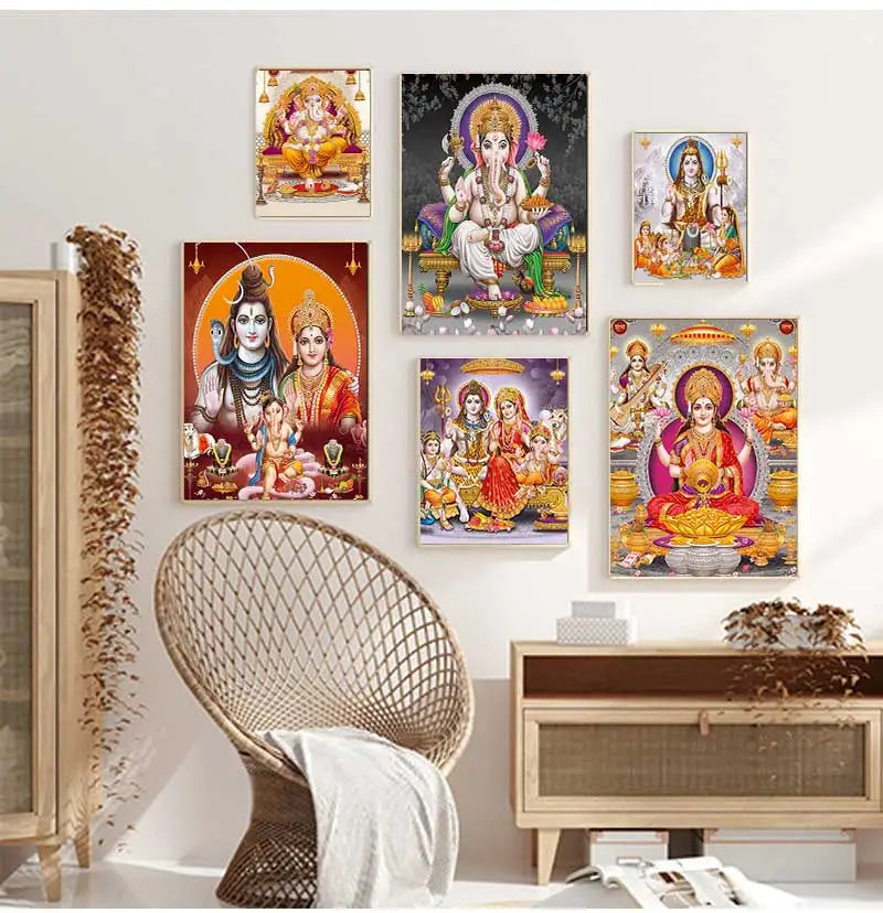 India Hindu Golden Ganesha Temple Poster Shiva Parvati Painting Canvas Prints Elephant God Religion Picture Room Hoom Wall Decor