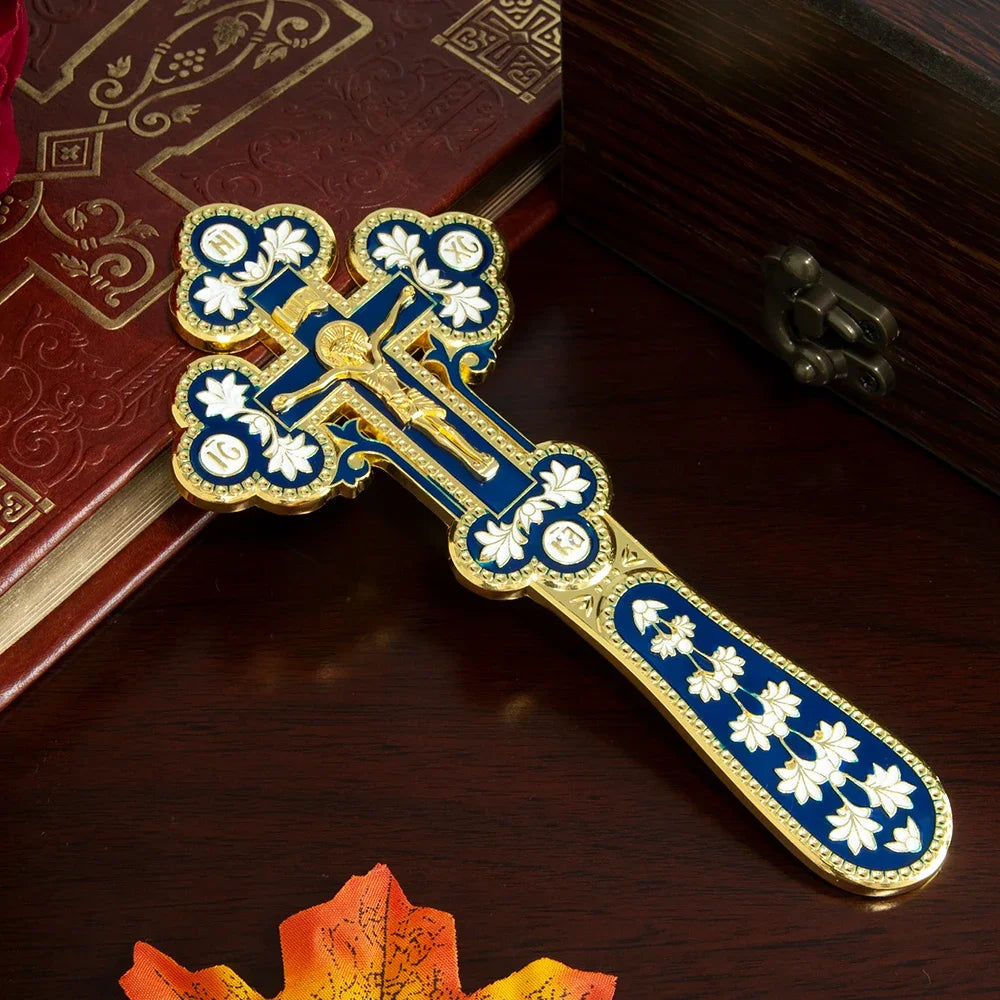 HTISOK Orthodox Blessing Handheld Church Cross Gold Plated Colorful Enamel Jesus icon Cross INRI Crucifix Single Face Jesus