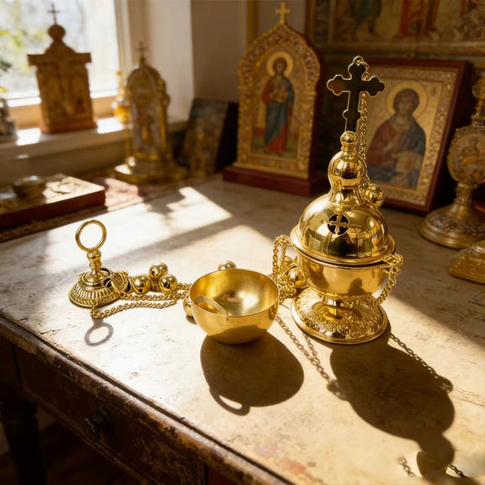 New Gold Plated Catholic Orthodox Hanging Censer Set with Bells for Church Home Altar Incense Burning Religious Devotion Gift