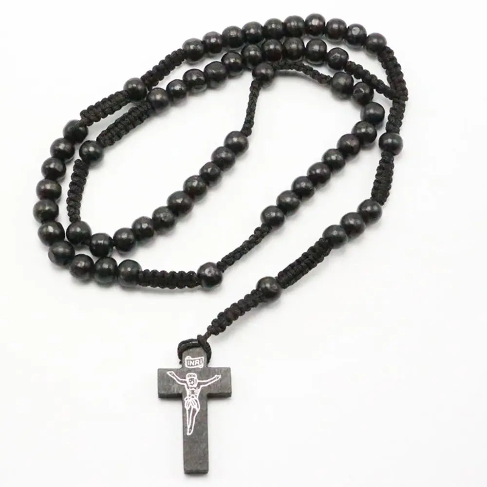 Christ Jesus Wooden Beads 8mm Rosary Bead Cross Pendant Woven Rope Chain Necklace Religious Orthodox Praying Jewelry Chain Decor