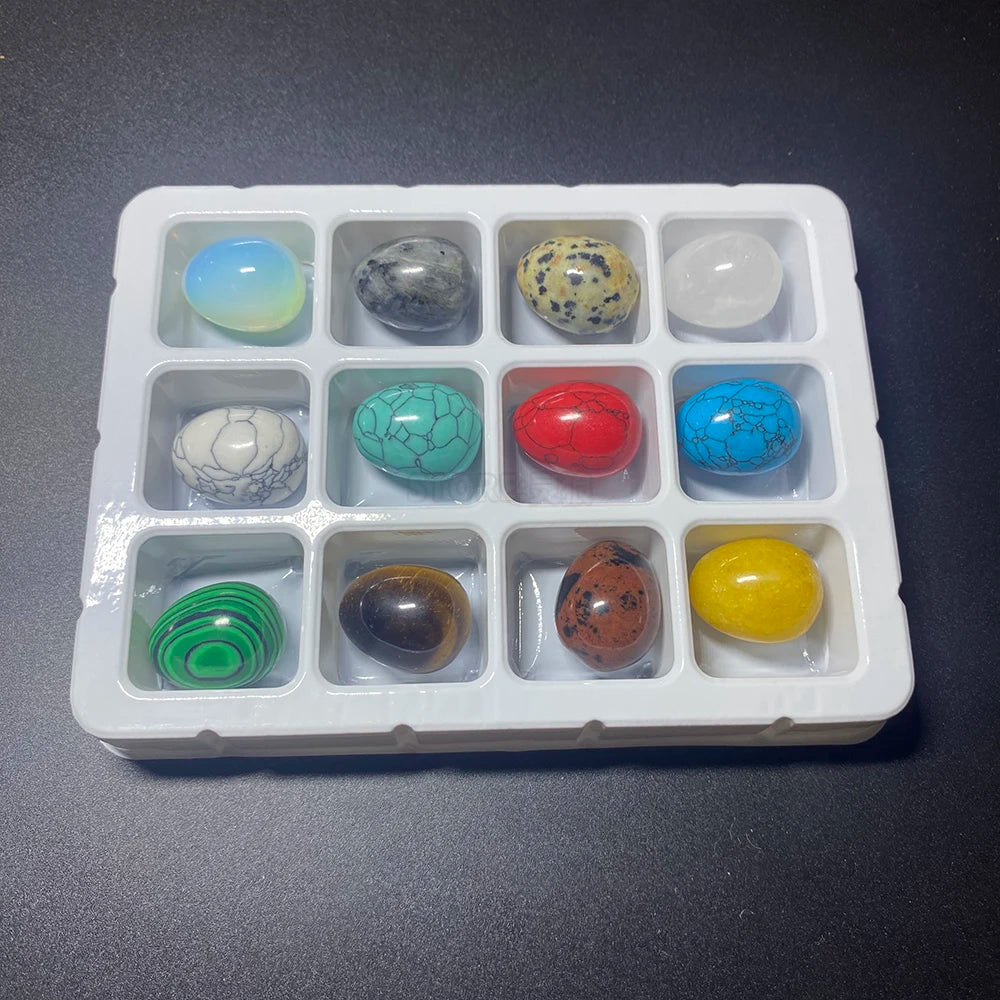 EG2 12Pcs Mini Natural Stone Egg Set, Small Polished Egg Shaped Stone for Meditation Stress Relief Palm Desk Decor Gift