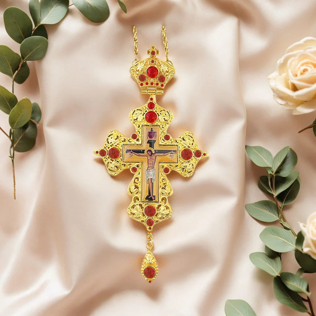 HTISOK Orthodox Cross Pendant Jesus Pendant Zinc Alloy Cross Necklace Gift for Priests with Gift Box Baptism Worship Blessing