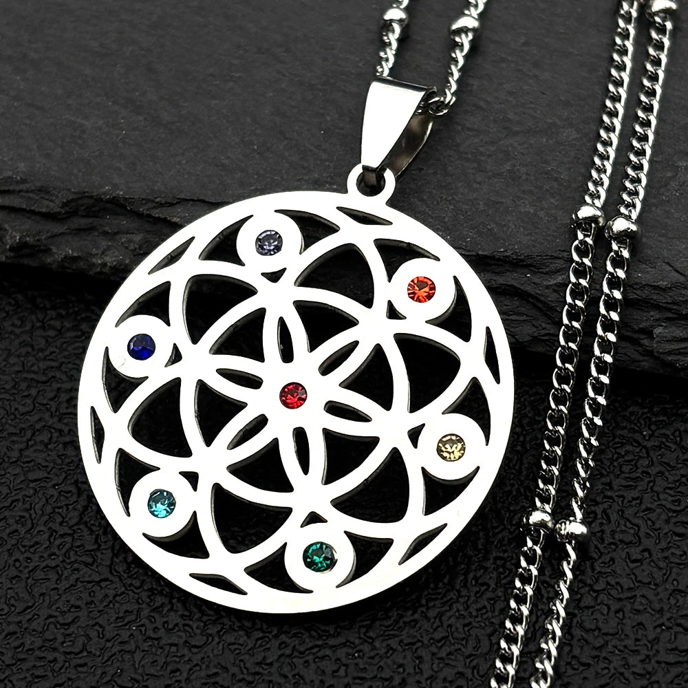 7 Chakra Sacred Geometry Metatron Necklace for Women Flower of Life Stainless Steel Stone Necklaces Reiki Healing Jewelry 9758