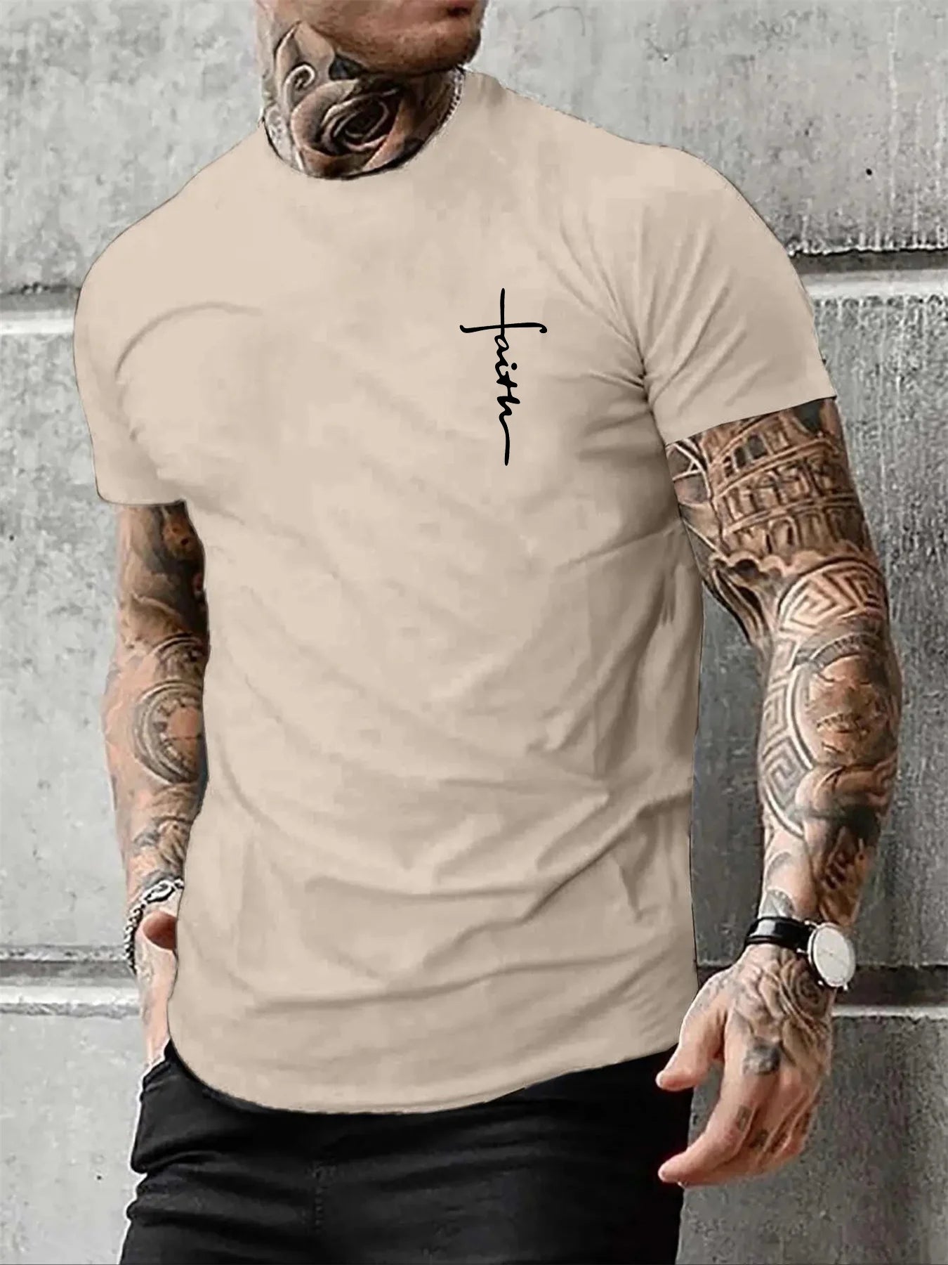 Summer men's 100% pure cotton casual loose fit plus size cross faith pattern printed round neck short sleeved T-shirt top
