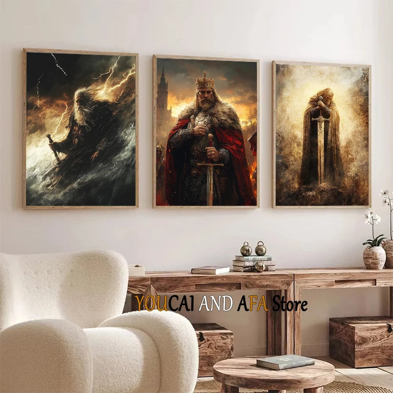 King Arthur and Excalibur Sword in The Stone Sikh Kirpan Sword Excalibur Hilt Poster Canvas Painting Wall Pictures Home Decor