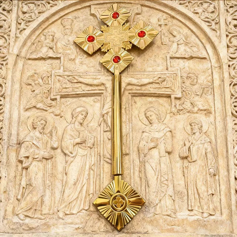Eastern Orthodox metal cross scepter religious ceremony sacrament celebration inlaid with bright ruby classic religious aestheti