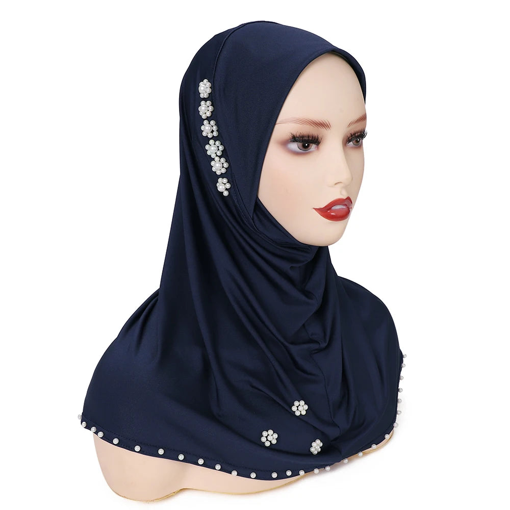 Trendy Muslim Instant Hijab Beads Bonnet Stretch Scarf Islamic Headband Jersey Hijab Headwrap Turbante for Women