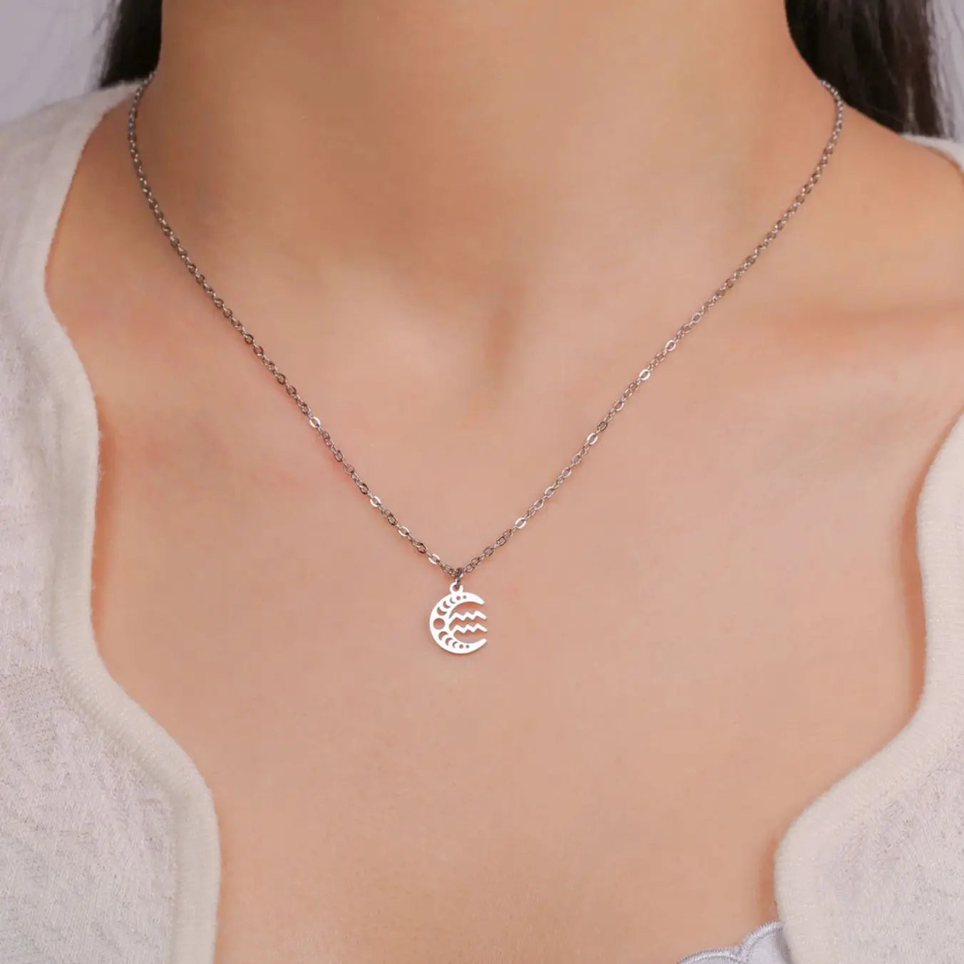 LIKGREAT Celtic Moon 12 Star Zodiac Sign Necklace Stainless Steel 12 Constellation Pendant Choker Crescent Jewelry Birthday Gift