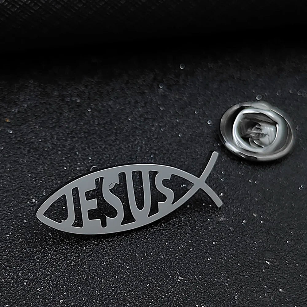 Men's Silver Jesus Fish Brooch, Christian Ichthys Lapel Pin, Religious Faith Suit Accessory, Unique Gift for Believers