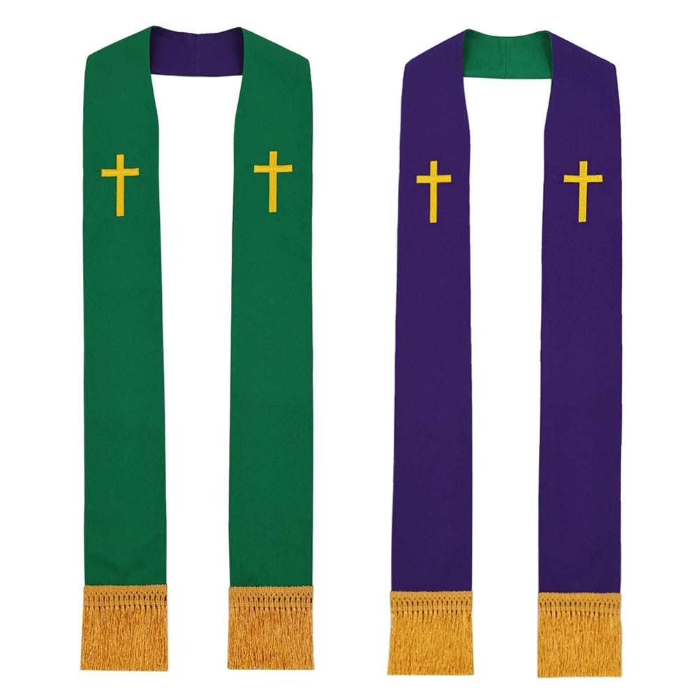 Clergy Stole Church Overlay Double Sided Cross Gold Tassels Scarf for Priest Choir