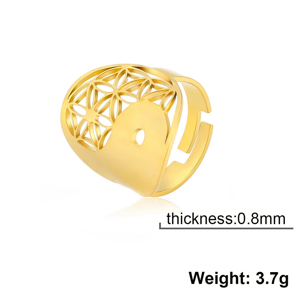 Unift Sacred Geometry Flower of Life Ring Adjustable Stainless Steel Ring Men Women Accessories Vintage Filigree Jewelry Gifts