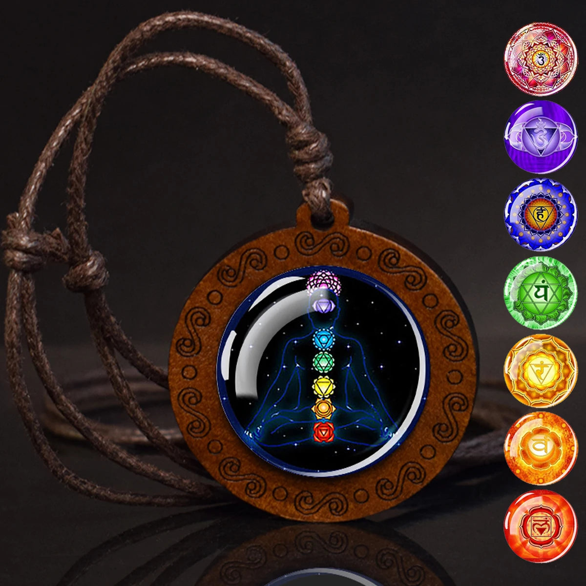 7Chakra Symbol Necklace Yoga Meditation Glass Dome Vintage Wooden Pendant Rope Chains Necklace Women Men Indian Buddhism Jewelry