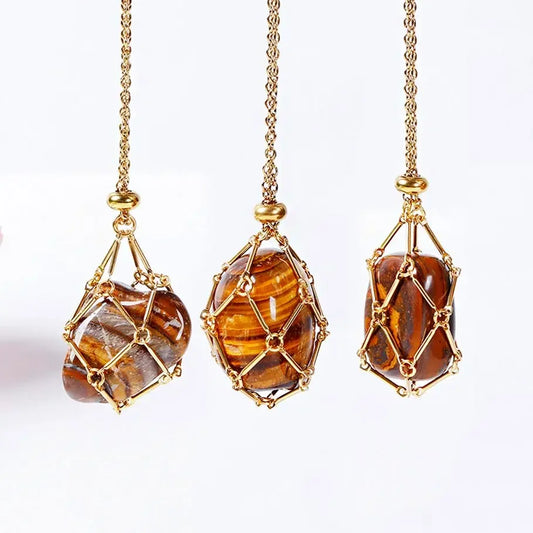 Natural Healing Crystal Raw Stone Net Pocket Pendant Necklace Energy Reiki Pendant Stainless Steel Chain Healing Stone Jewelry