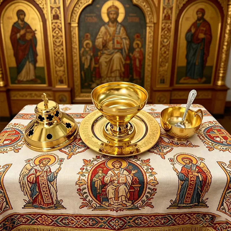 Luxury Gold Plated Orthodox Incense Burner Censer Set with Tray Spoon for Church Liturgy Home Altar Prayer Devotion Christian